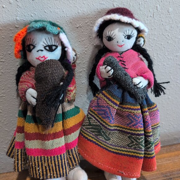 Vintage Peruvian Hand Made Folk Cloth Rag Dolls Mom & Baby Peru Set Of 2 - Picture 1 of 8
